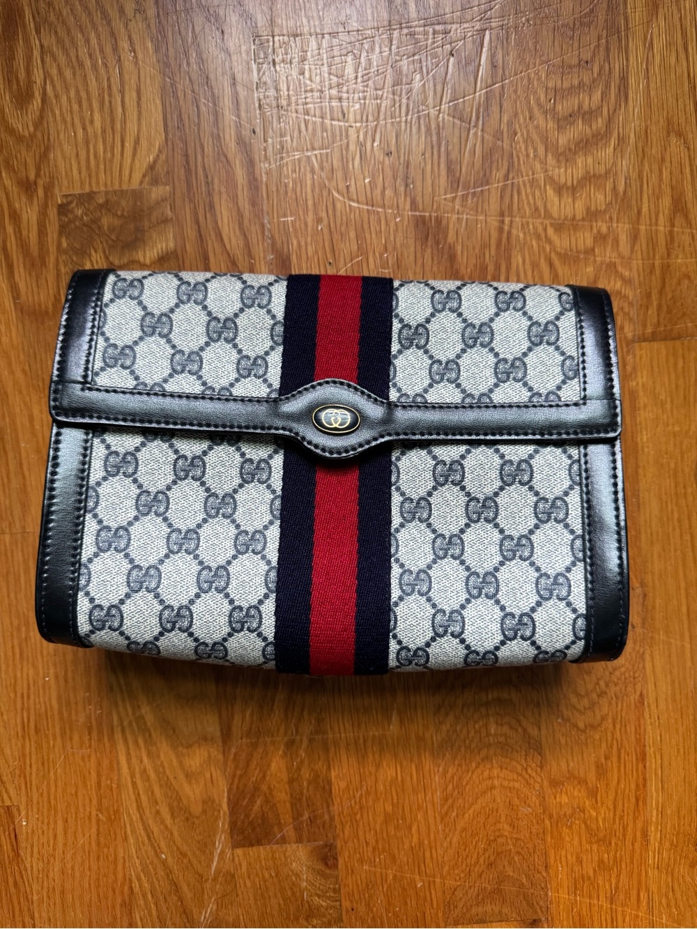 Gucci Vintage Monogram Canvas Clutch with Red and Navy Web Stripe